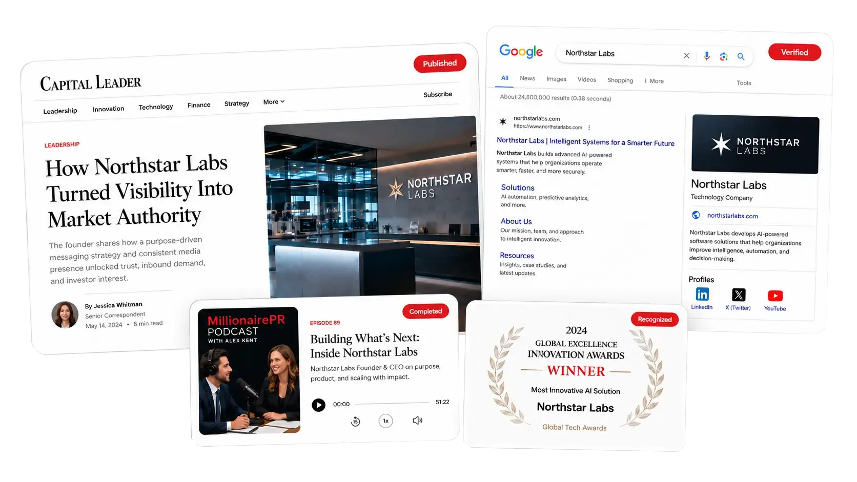 MillionairePR media placements, Google visibility, podcast and awards services